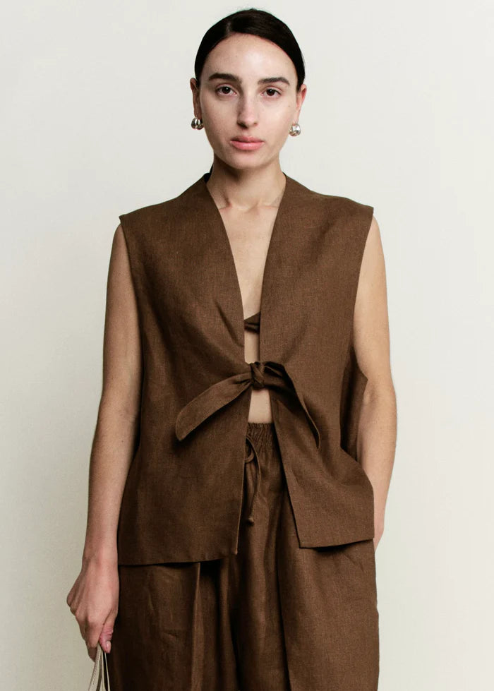 Linen Tie Front Vest | Cocoa